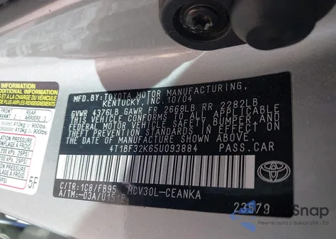 2005 Toyota Camry Le V6 from USA, damaged, VIN 4T1BF32K65U093884
